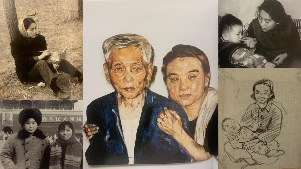 Hung Liu de joven (arriba izda.), con su primo (abajo izda.), con su padre (centro), y con su hijo (arriba dcha.)