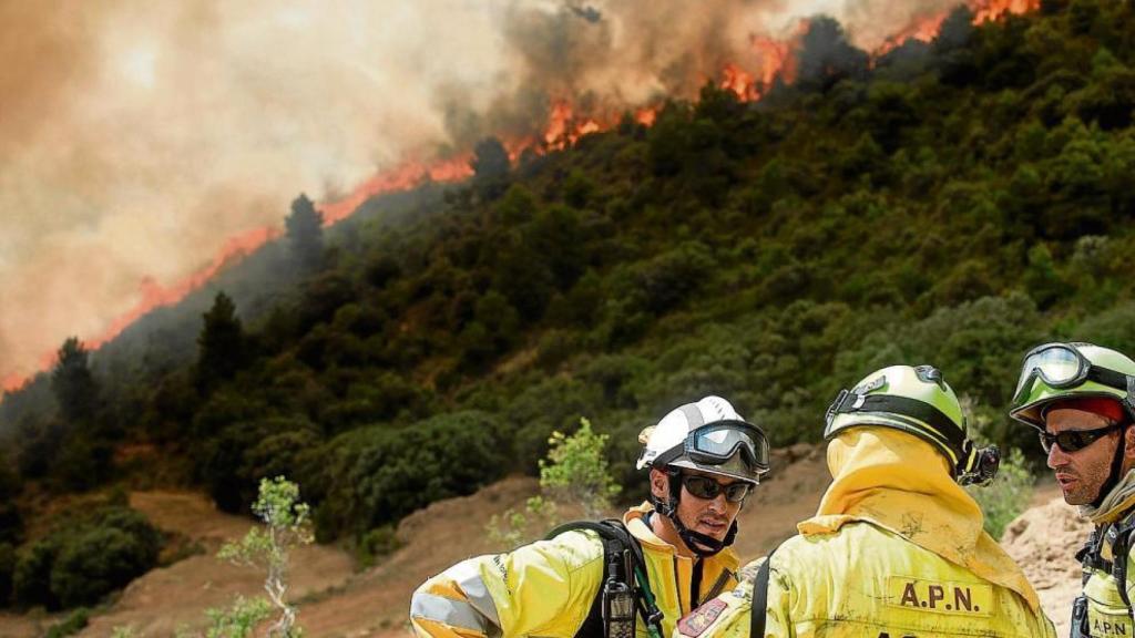 Bomberos hablando en un incendio