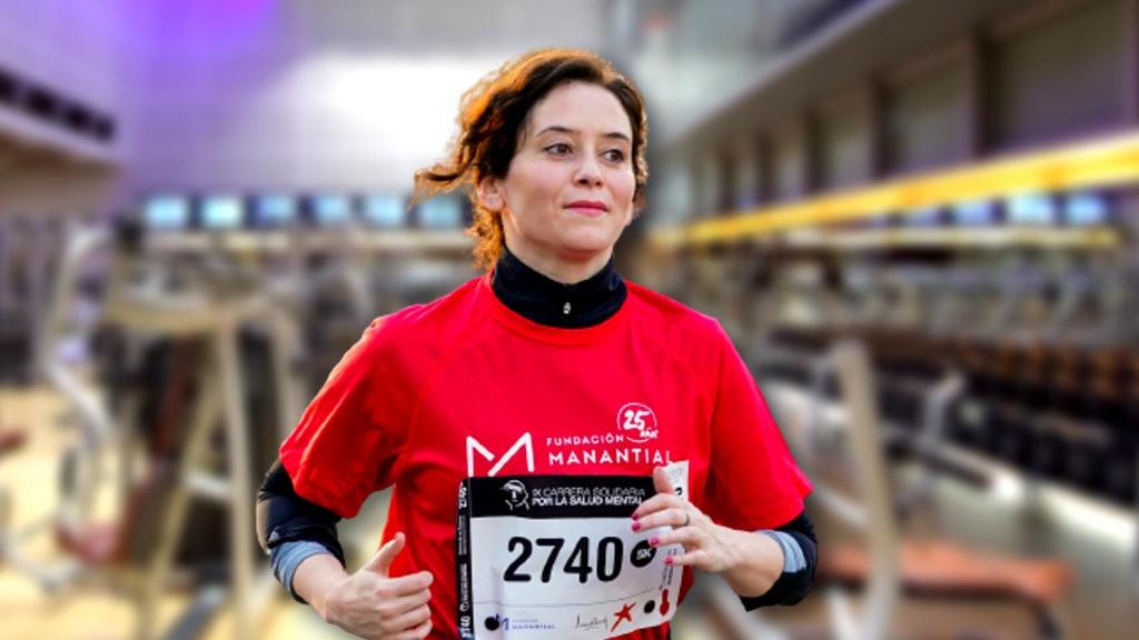 Isabel Díaz Ayuso haciendo deporte en un montaje de El Español.