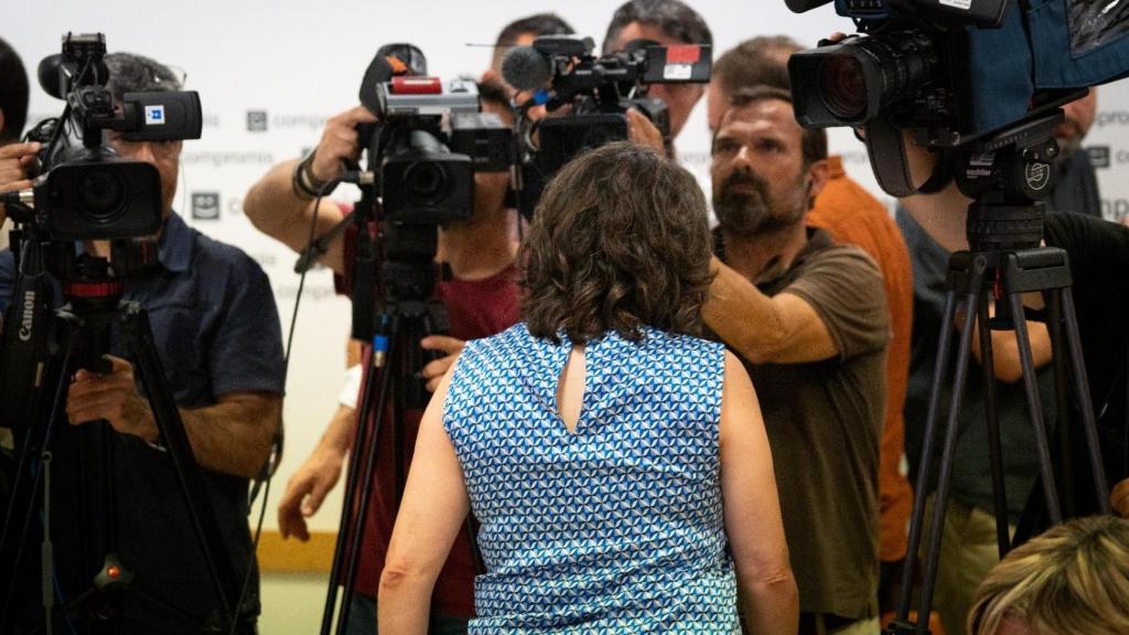 Mónica Oltra, este martes, tras anunciar su dimisión en la sede de Compromís en Valencia.