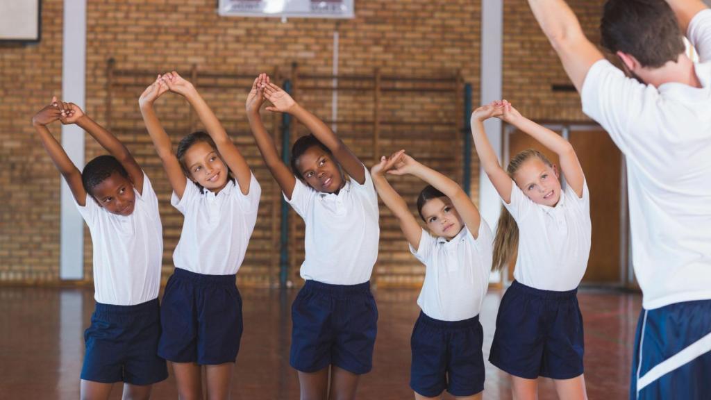 Niños, clase, educación física.