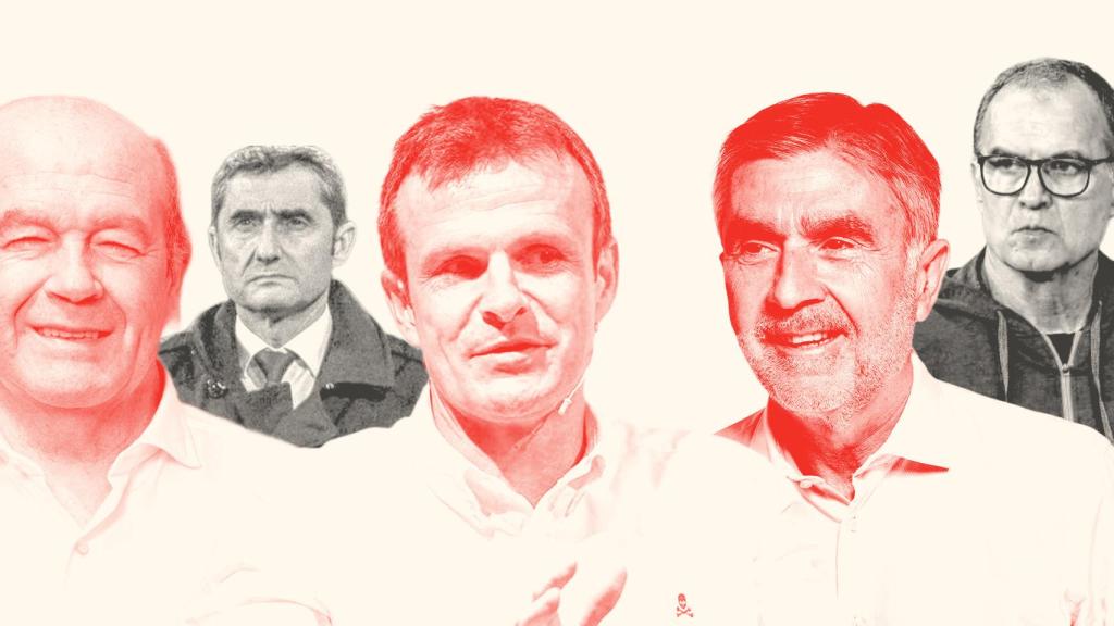 Ricardo Barkala, Jon Uriarte y Iñaki Arechabaleta, junto a Ernesto Valverde y Marcelo Bielsa