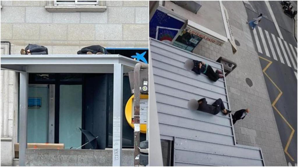 Imágenes de dos personas durmiendo sobre la marquesina del bus de la Plaza de España en A Coruña