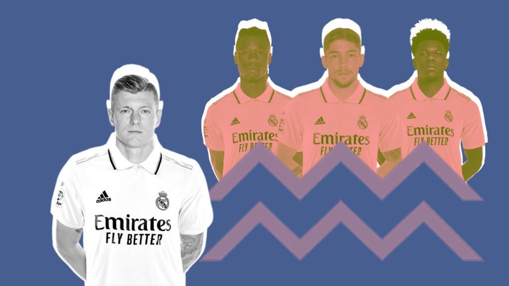 Toni Kroos, con Eduardo Camavinga, Fede Valverde y Aurelién Tchouaméni en una ilustración.
