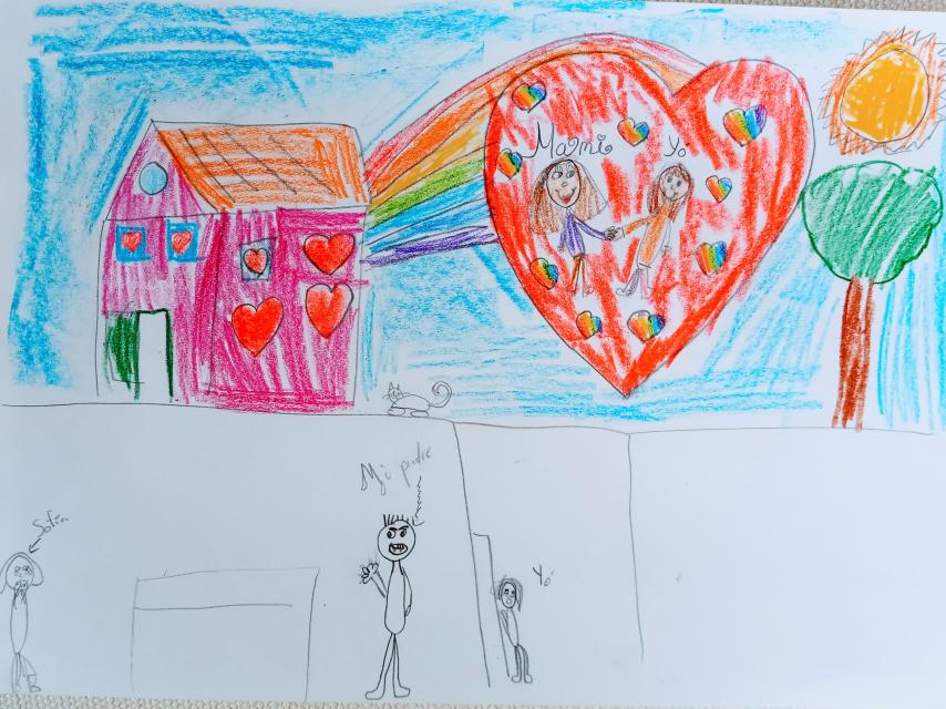 Un dibujo de Olga en el que representa una realidad vivida con su madre (arriba) y otra con su padre (abajo).