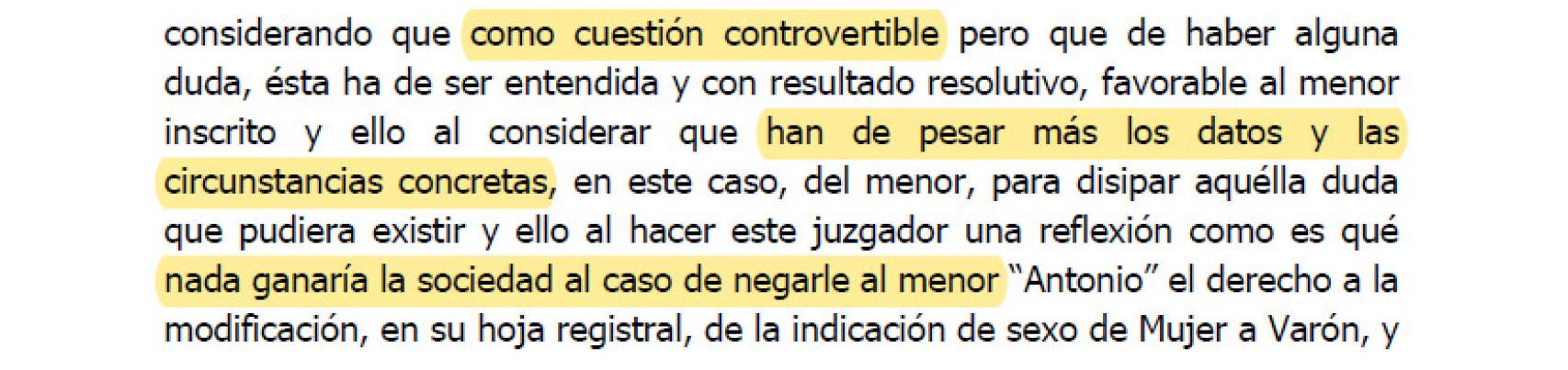El auto del 10 de junio que reconoce el cambio de sexo de Alejandro (llamado Antonio para preservar su anonimato).
