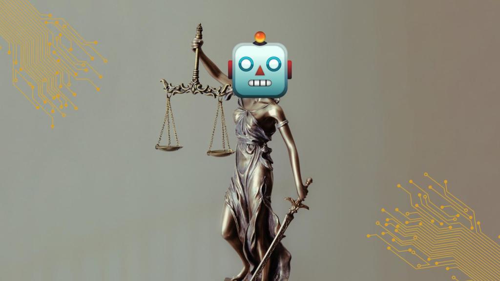 Fotomontaje con una estatua representando la justicia.