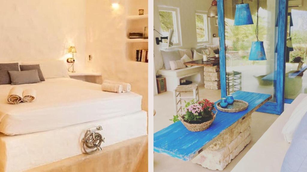 El salón y el dormitorio, todo en blanco y azul.