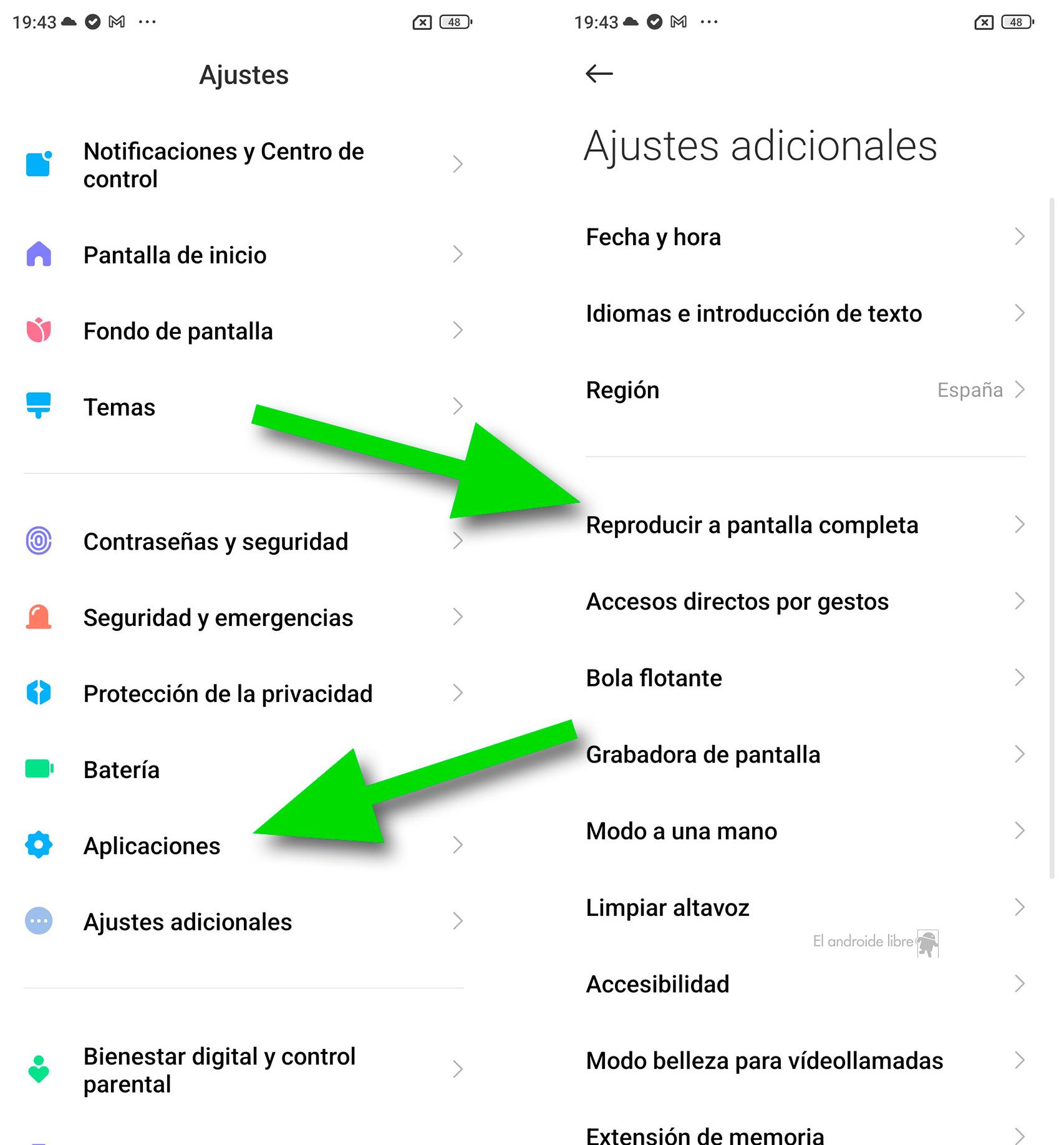 Ajustes adicionales para los gestos de navegación