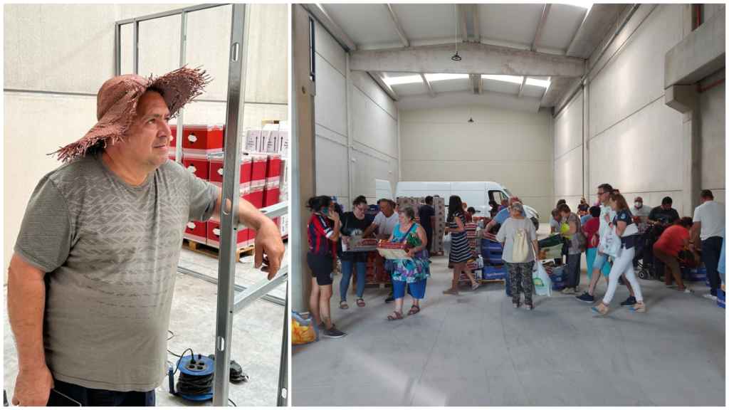 A la izquierda, Carlos Moreno, el 'rey de la sandía' y, a la derecha, la cola de clientes en su almacén,