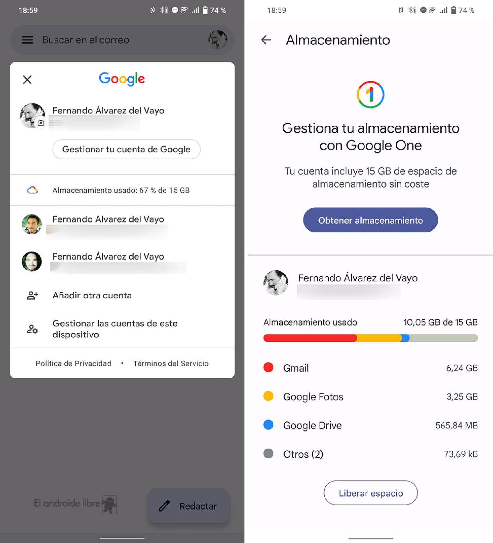 Espacio disponible en Gmail e interfaz de Google One