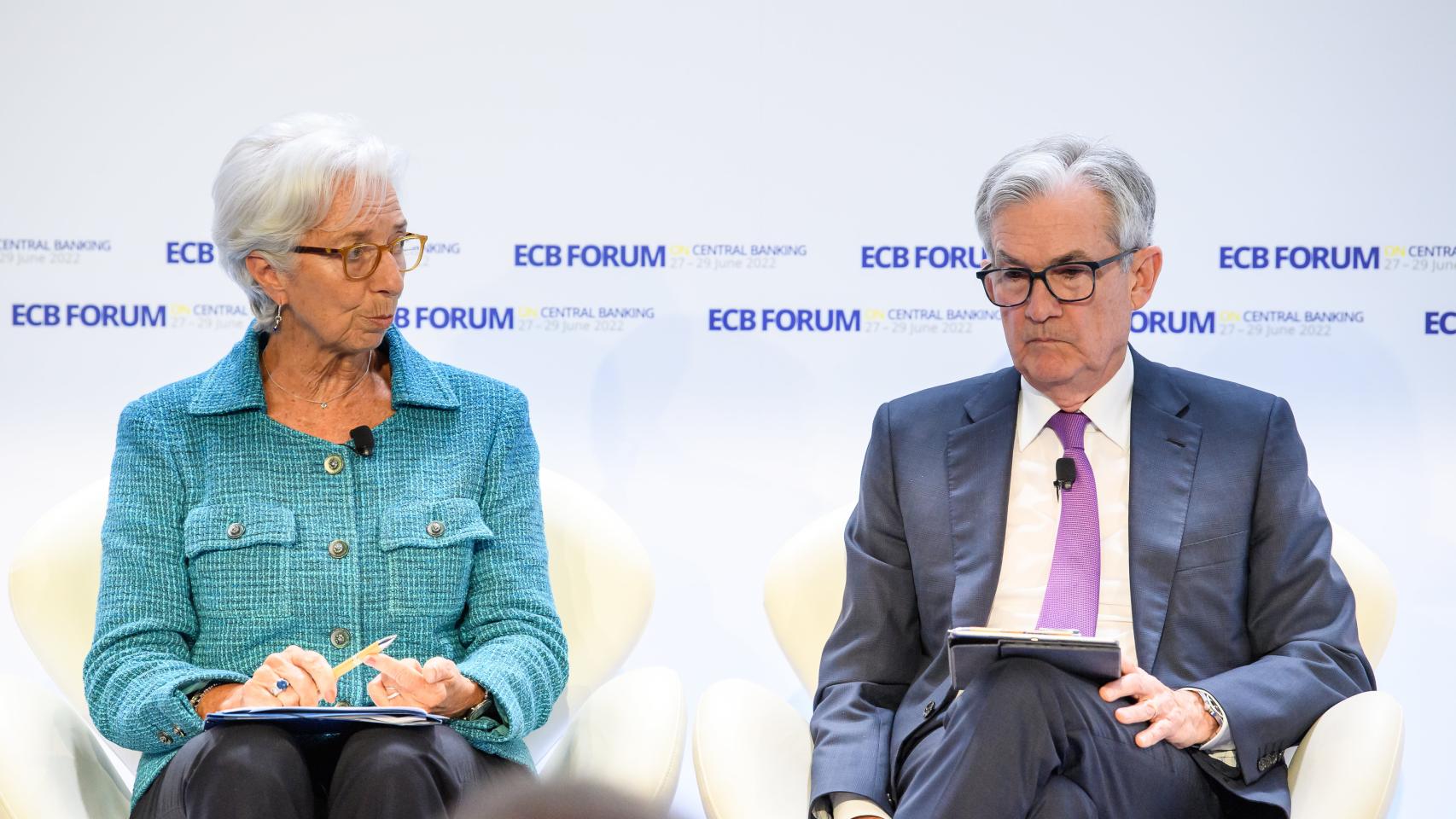 Christine Lagarde, la presidenta del BCE, y Jerome Powell, el presidente de la Fed.