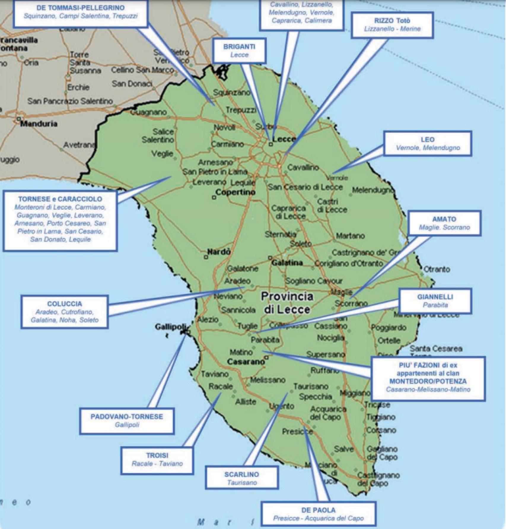 Mapa de la Dirección Antimafia Italiana donde ubica a los distintos clanes mafiosos de Lecce.