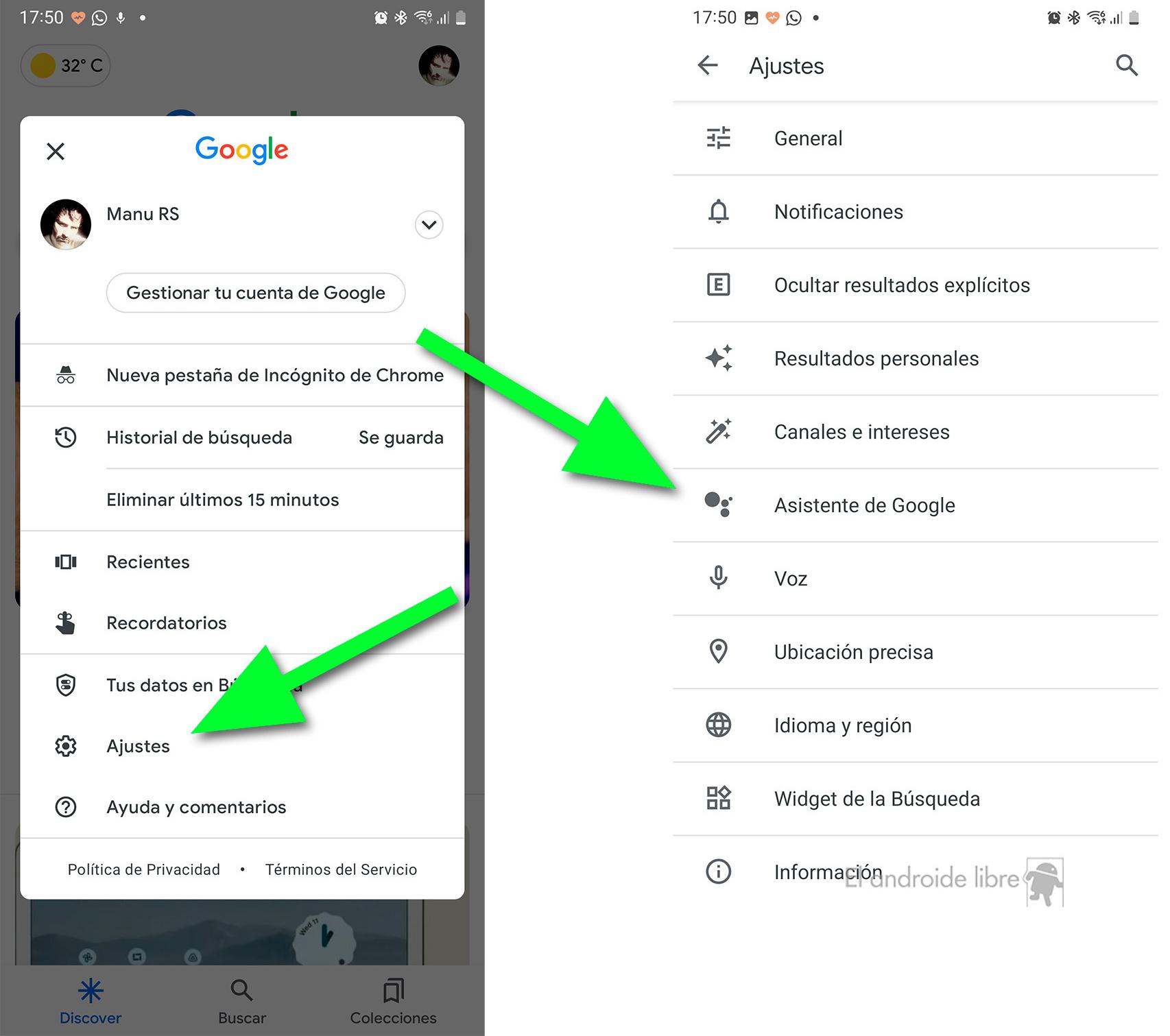 Se abre la app de Google para acceder a los ajustes