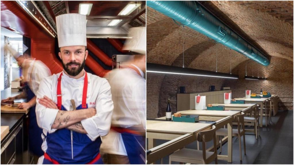 El chef coruñés Iván Domínguez, y una foto del local de Madrid