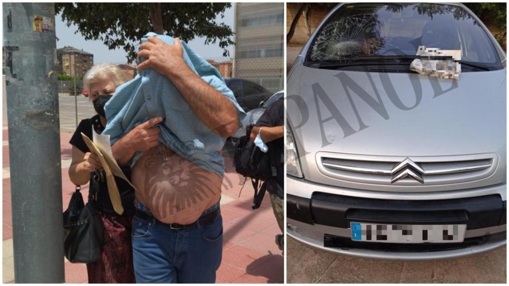 Cristóbal, este lunes, ocultando su rostro a la salida de la Ciudad de la Justicia de Murcia, y al lado, una imagen de la luna rota de su monovolumen tras el supuesto atropello a Alejandro Valverde.