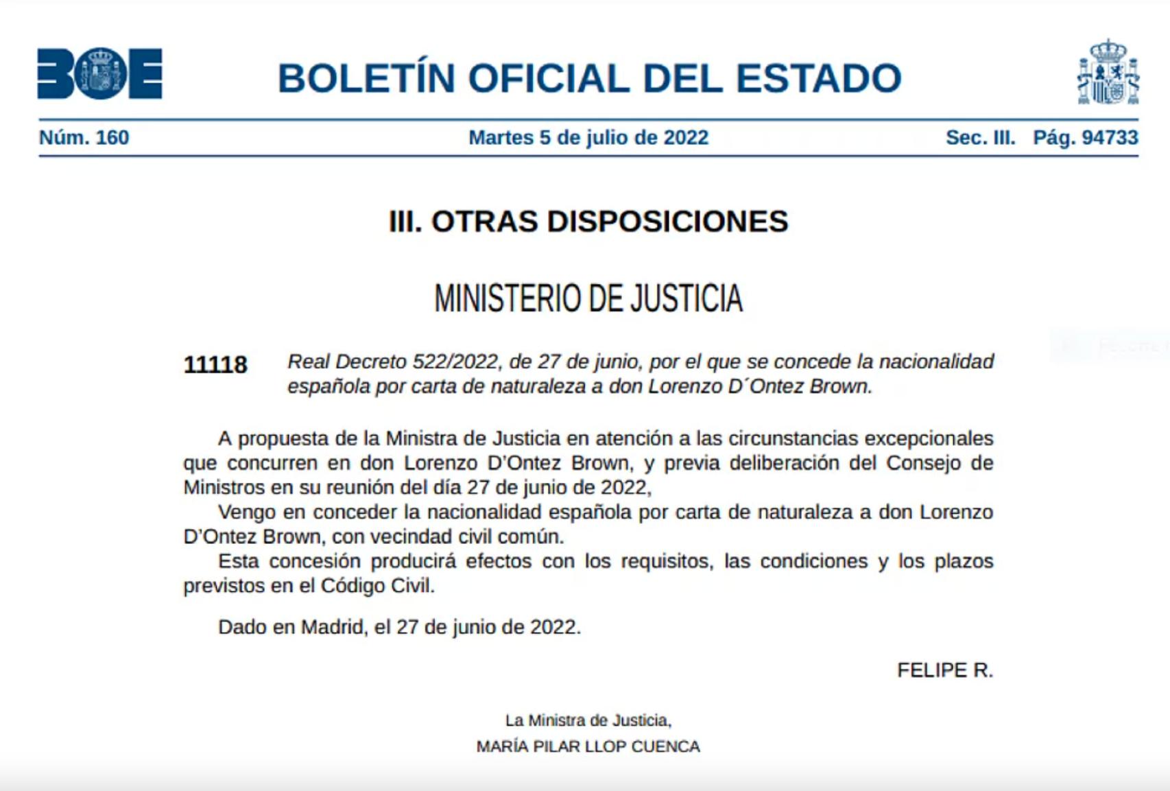 Imagen del edicto del BOE que aprueba la nacionalización de Lorenzo Brown