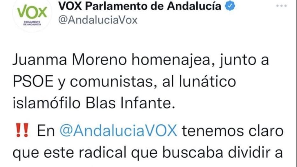 Una imagen de un tuit de Vox en el que insulta a Blas Infante y borra posteriormente.