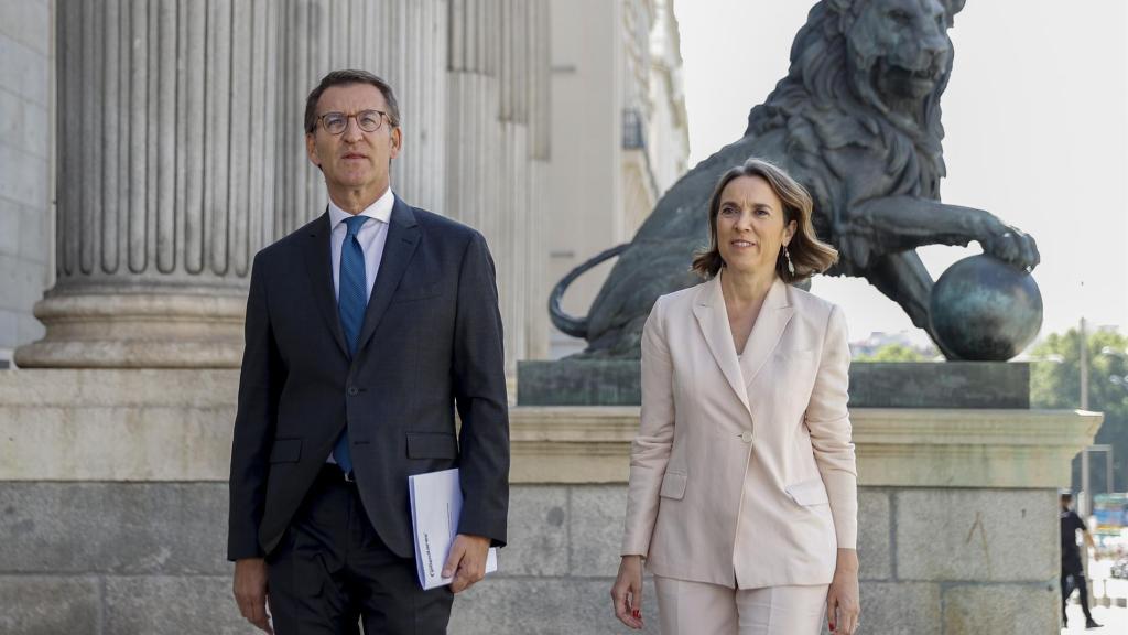 Alberto Núñez Feijóo y la portavoz Cuca Gamarra, este martes ante los leones del Congreso.