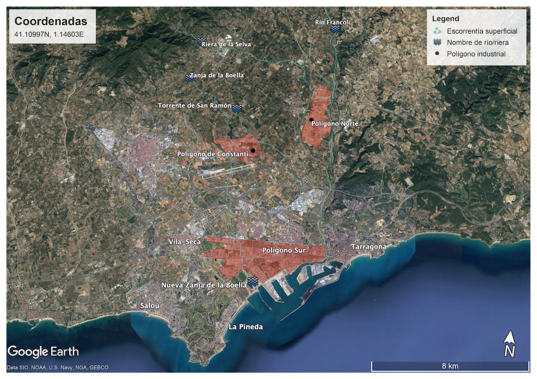 Imagen satélite de los polígonos industriales en la zona de Tarragona.