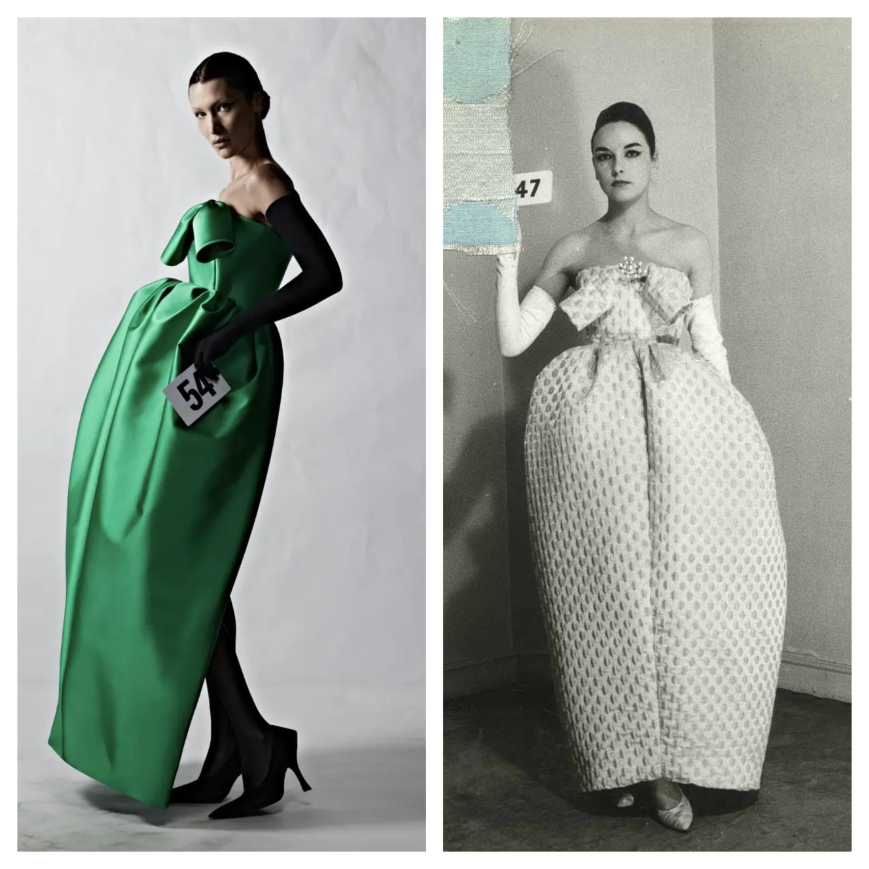 Modelo de Balenciaga para este otoño-invierno (izda.) y una modelo en el taller de Cristóbal Balenciaga en los años 40.