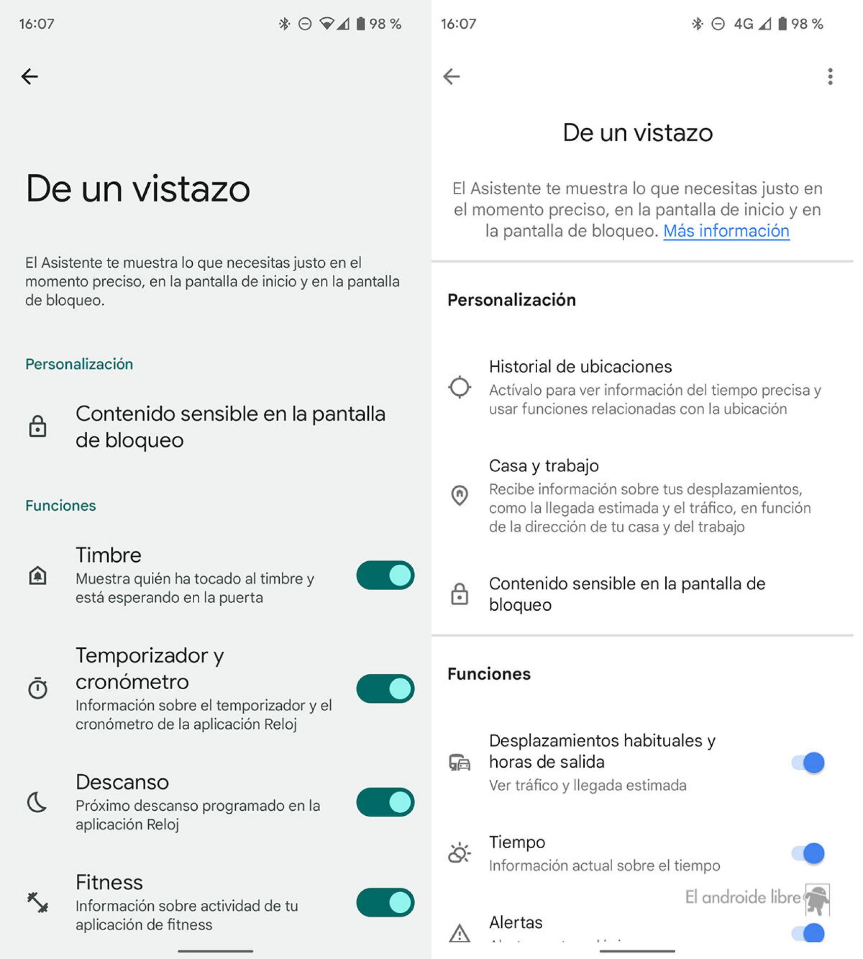 Opciones actuales de la sección De un vistazo