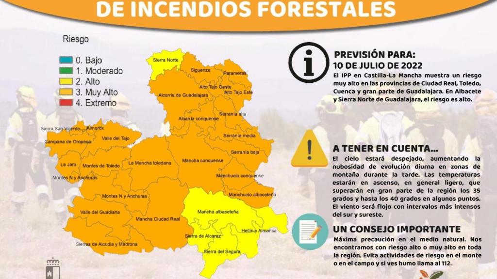 Índice de Propagación Potencial de Incendios Forestales este domingo en Castilla-La Mancha