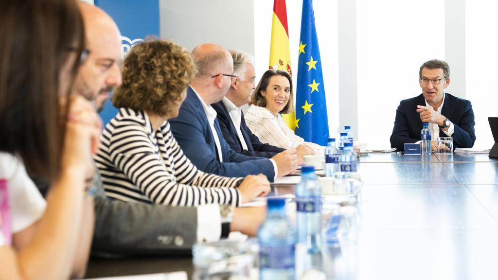 El presidente del PP, Alberto Núñez Feijóo, al frente del Comité de Dirección este lunes en Génova.