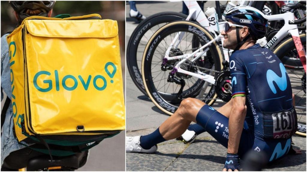 El ciclista Alejandro Valverde junto a un repartidor de Glovo.