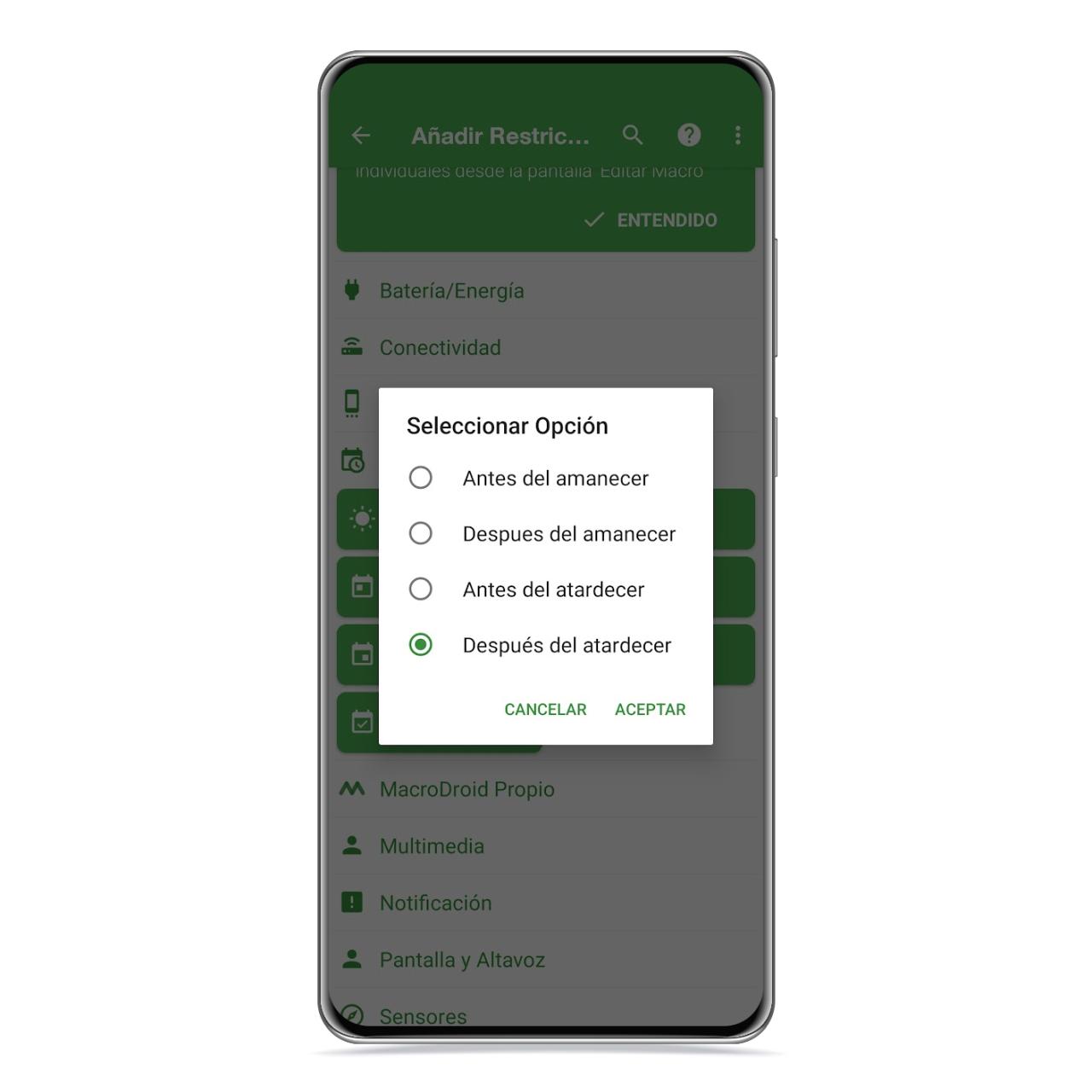 Restricción anochecer Macrodroid