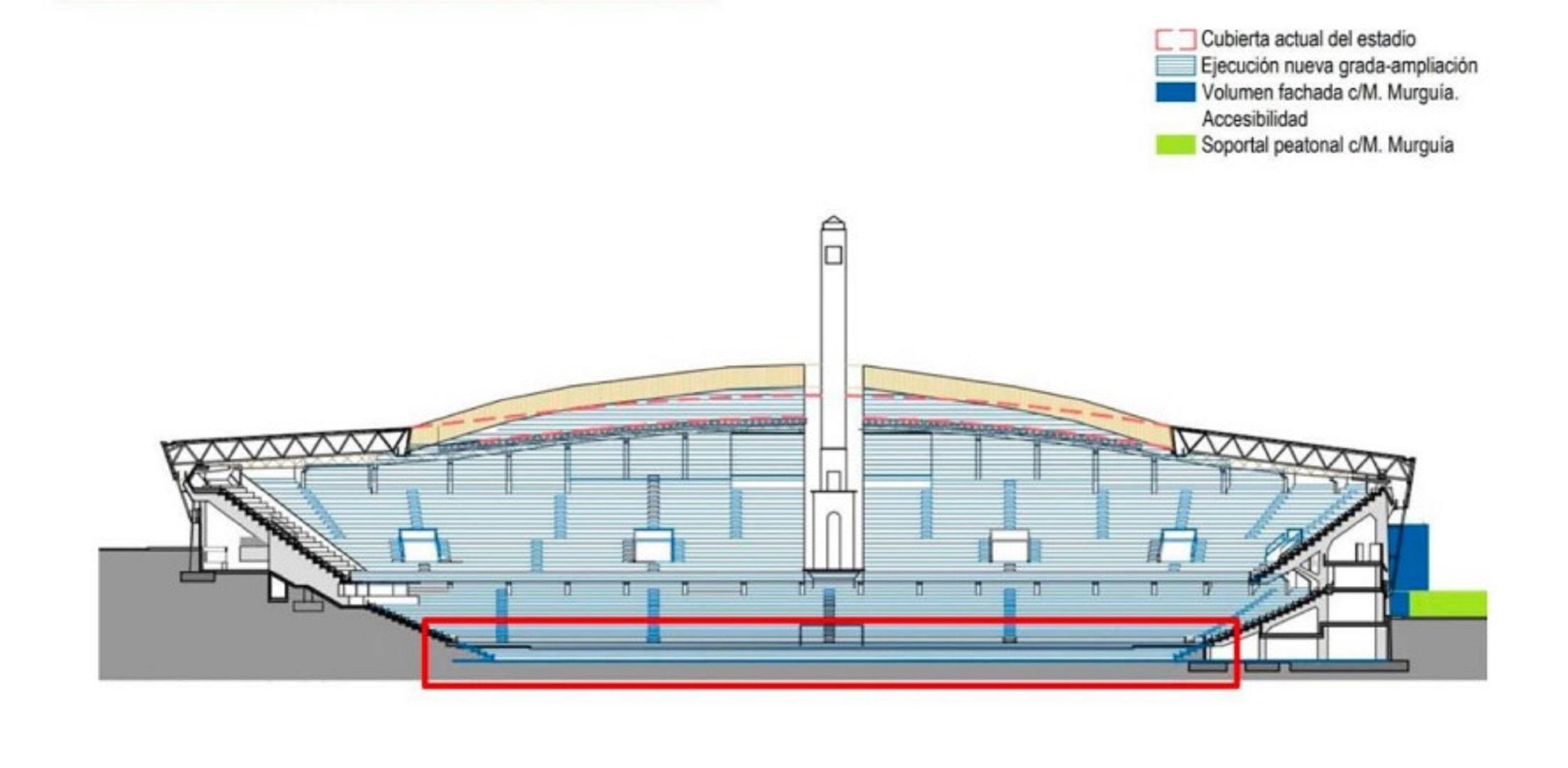 Plano de posibles cambios en el Estadio de Riazor si fuese sede del Mundial 2030.