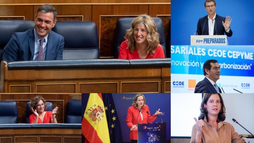 Pedro Sánchez, Yolanda Díaz, Alberto Núñez Feijóo, Antonio Garamendi, Alicia Kindelán, María Jesús Montero y Nadia Calviño.