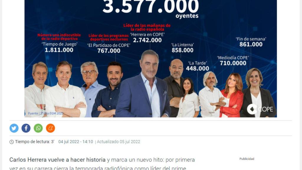 Publicidad de COPE situando a Herrera como líder de las mañanas de la radio en España.