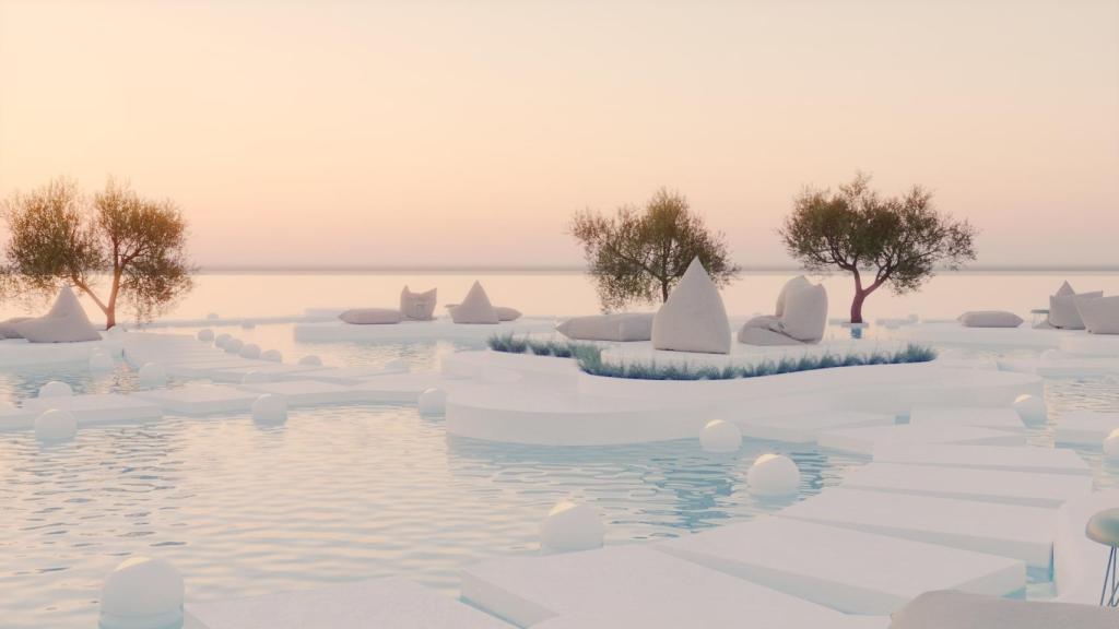 Infografía de vista aérea del proyecto Horms con Isla central, asientos y lámparas-papelera.