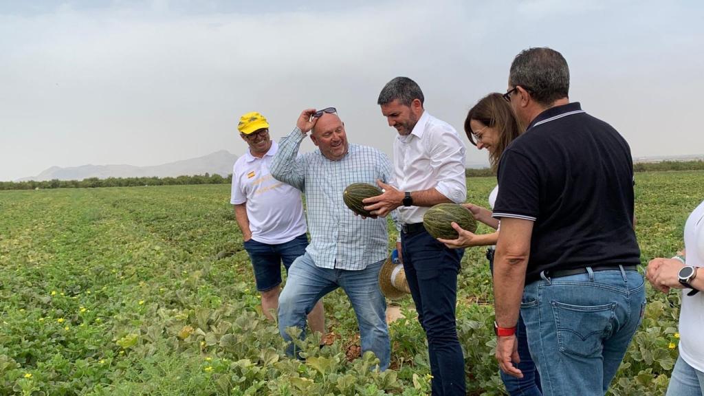 El consejero Antonio Luengo durante su visita a una explotación de melones.