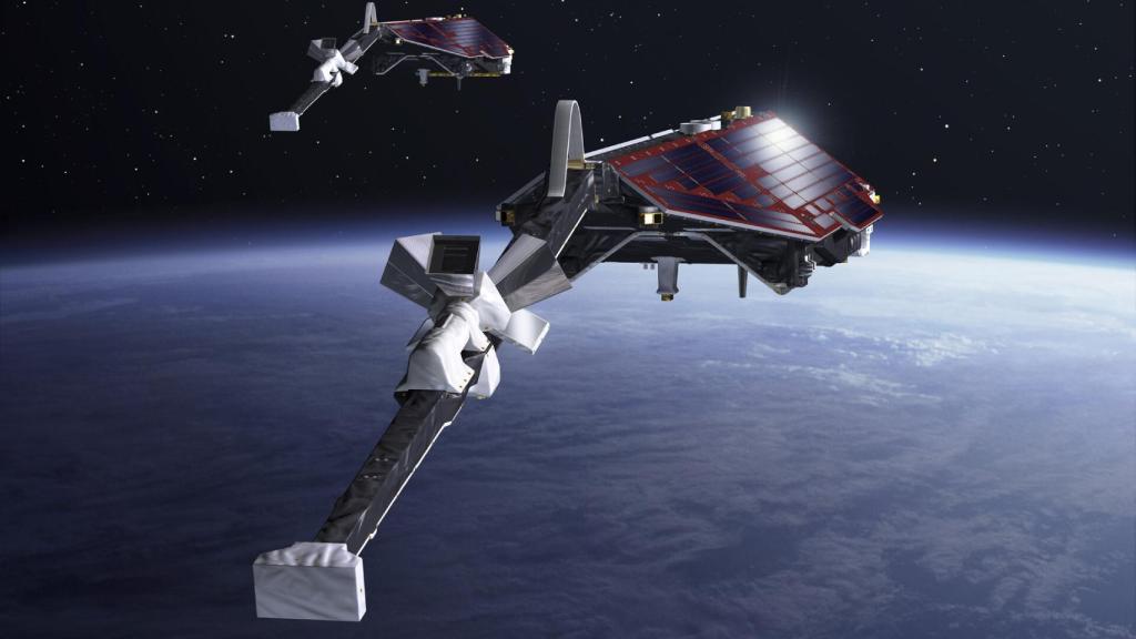 Una representación de la constelación de satélites Swarm.