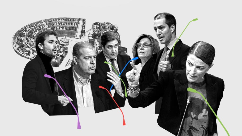 De derecha a izquierda:  Macarena Olona (Vox), Víctor González Coello de Portugal (Vox), Isabel Borrego (PP), José Echániz (PP), José Zaragoza (PSOE) y Javier Sánchez (UP). Diseño: Arte EE