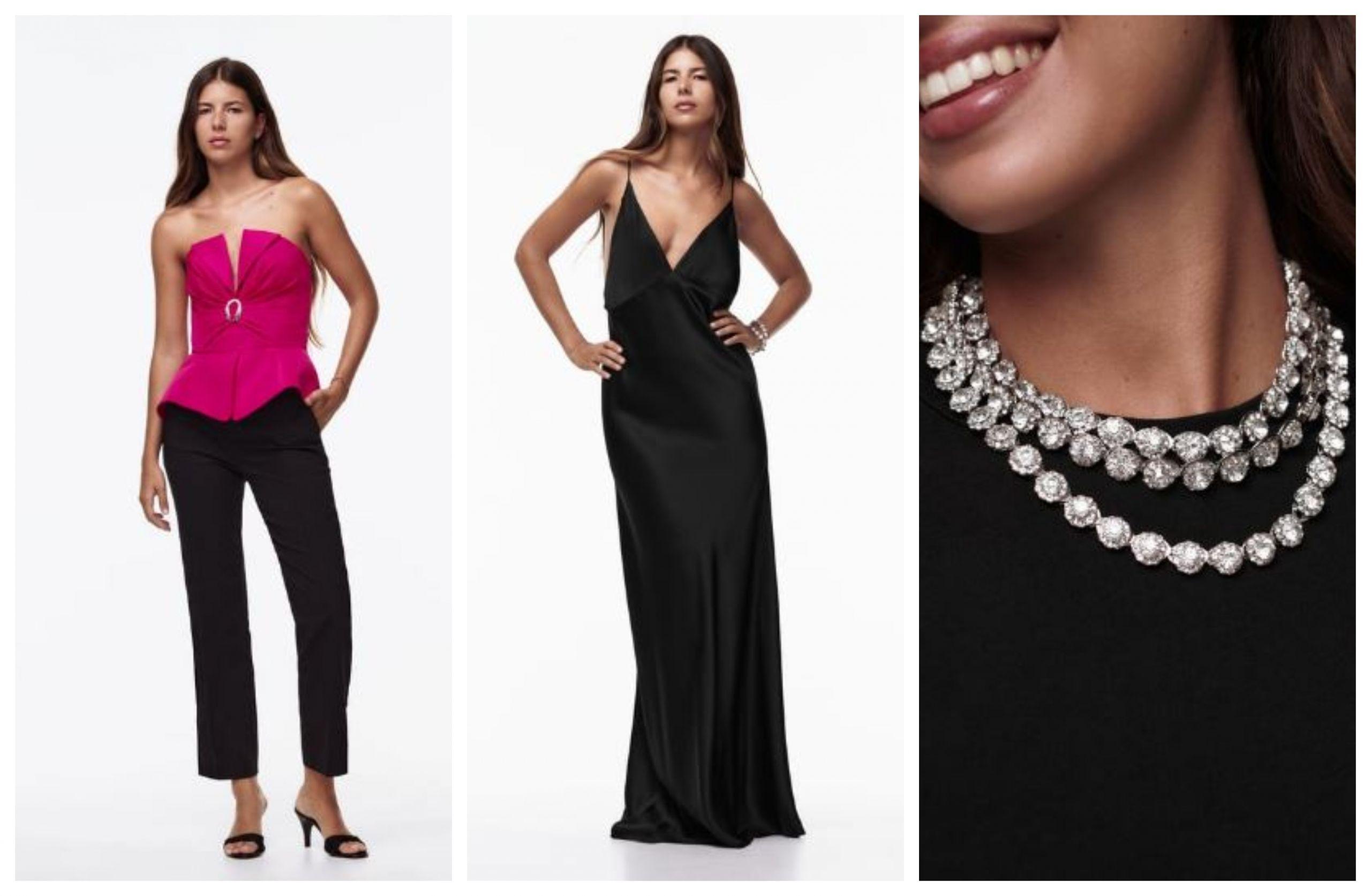 De izquiera a derecha: TOP BUSTIER LIMITED EDITION – Negro | ZARA España, VESTIDO LENCERO LIMITED EDITION | ZARA España y COLLAR JOYAS | ZARA España de la colección cápsula INTO THE NIGHT
