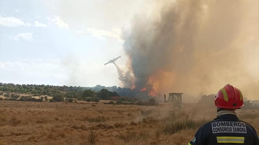 Un bombero lucha contra el incendio en Zamora