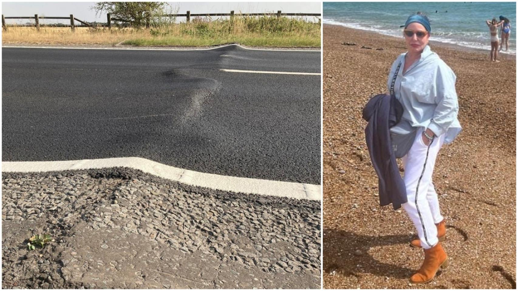 A la izquierda, el asfalto de Luton derritiéndose y, a la derecha, Ana Suárez, una gallega residente en Reino Unido.