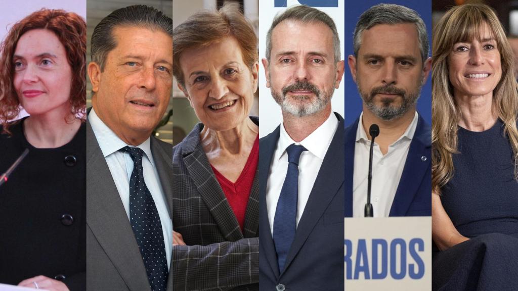 Meritxell Batet, presidenta del Congreso de los Diputados; Federico Mayor Zaragoza, exdirector general de la UNESCO; Adela Cortina; Marc Murtra, presidente de Indra; Juan Bravo,  vicesecretario de Economía del PP y Begoña Gómez, directora de la cátedra de Transformación Social Competitiva de la Universidad Complutense.