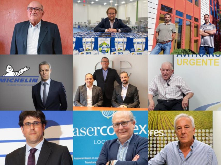 Imagen de los galardonados: C. Serna (Dulca), I. Quintanilla (Gaza), Manuel e Ignacio Quintana (Campanas Quintana), Bruno Arias (Michelin),  Óscar F. Rodríguez y sus socios (Tcoi Corte), León Muñoz (Avitrans), I. Argilés (Nufri), I. San Millán (Asercomex) y E. Navarro (Manufacturas Polisac)