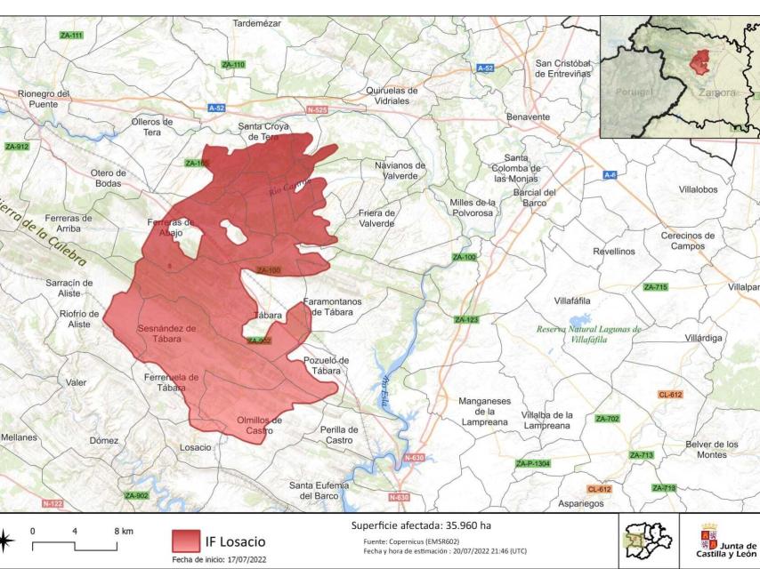 Mapa de la superficie quemada por el incendio de Losacio (Zamora)