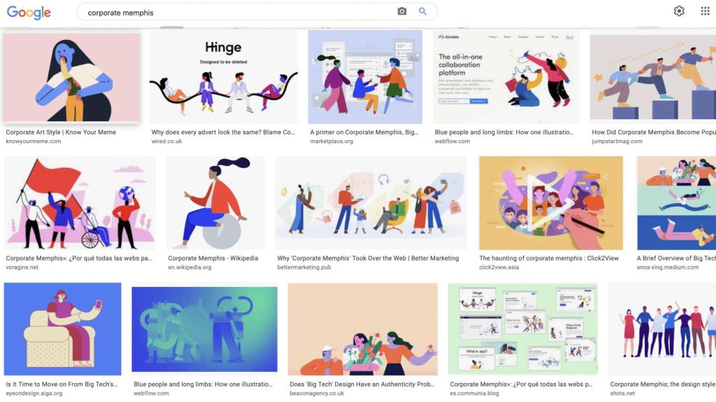 Las ilustraciones planas, políticamente correctas y corporativas típicas del estilo Corporate Memphis.