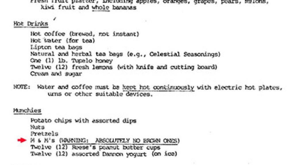 Imagen del listado de comida del backstage de Van Halen