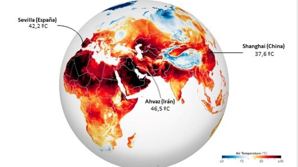 Imagen satélite de la temperatura del aire en Europa, África y Asia en julio de 2022.