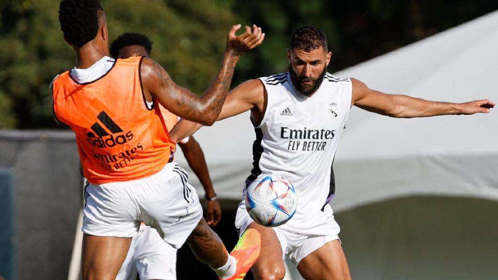 Karim Benzema en un entrenamiento en Los Ángeles.