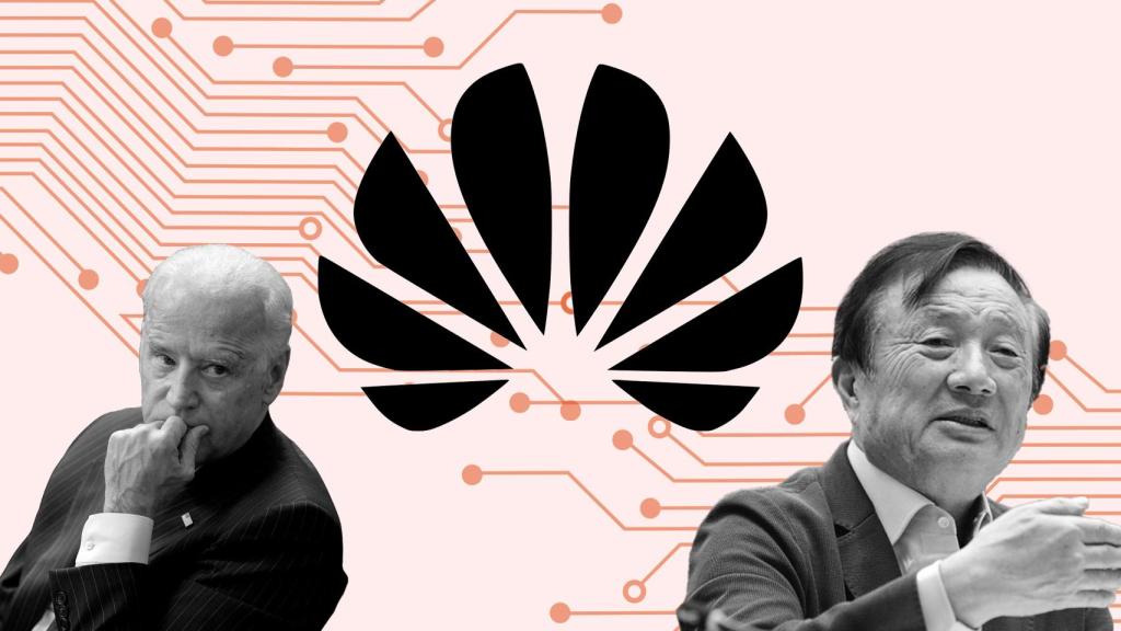 Fotomontaje con el logo de Huawei, Joe Biden y el CEO de Huawei, Ren Zhengfei.
