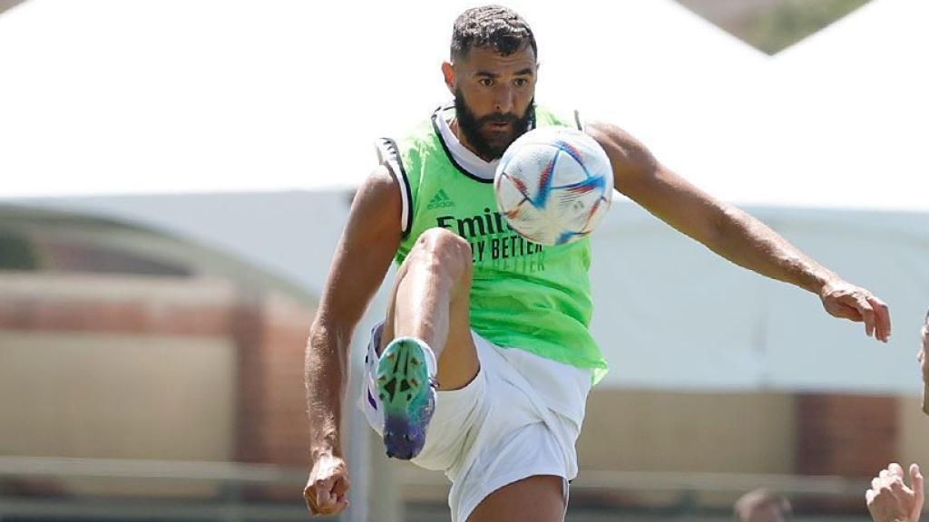 Karim Benzema, en un entrenamiento del Real Madrid en pretemporada