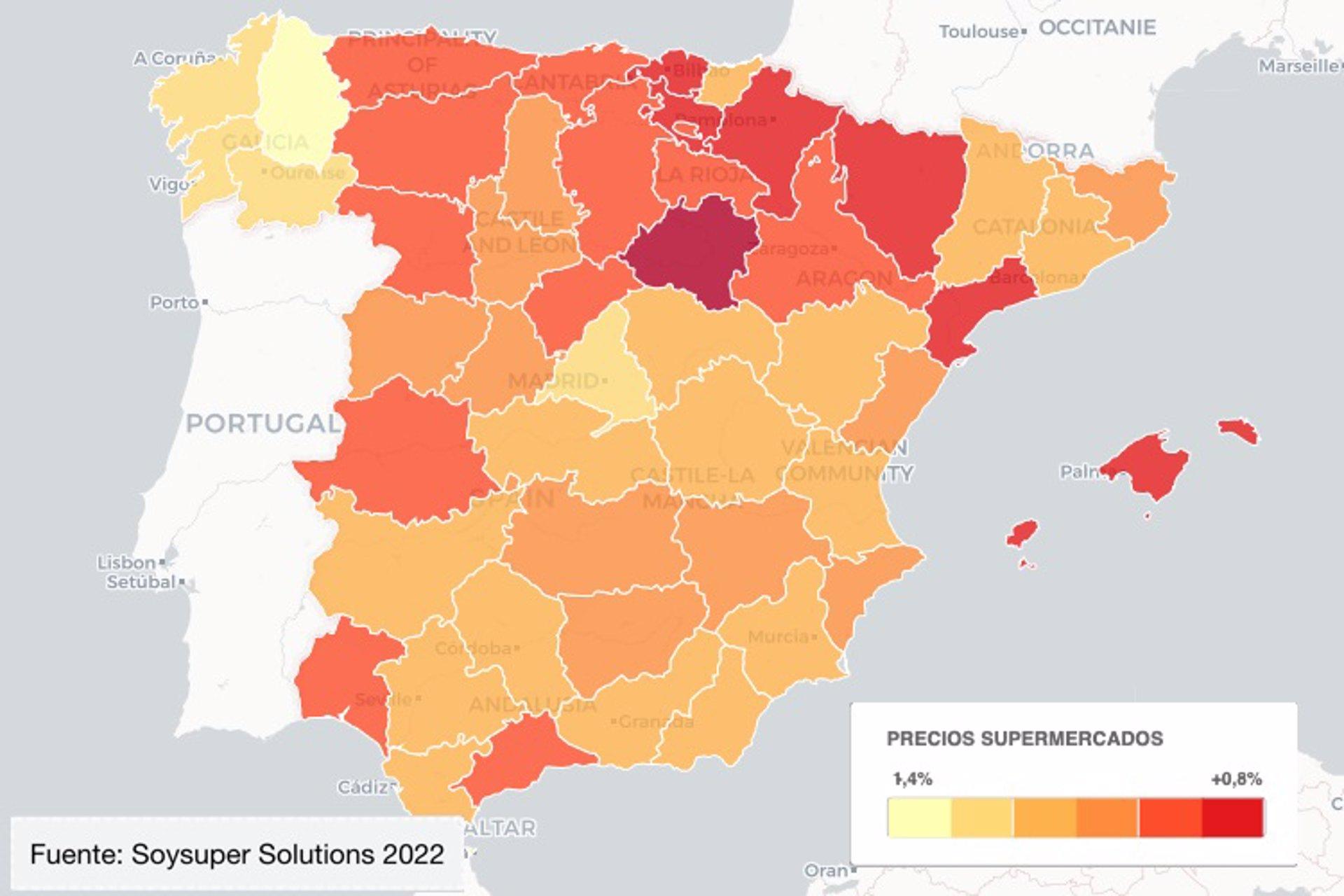 Mapa del barómetro de precios de supermercados 2022 (Soysuper).
